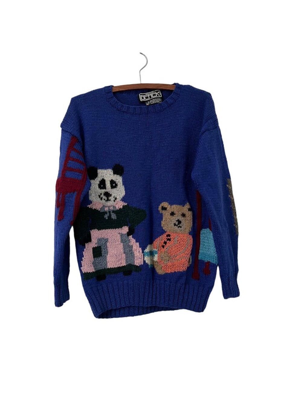 Vintage Berek Royal Blue Childrens Toys Elbow Patch Hand Knit Wool Sweater SZ L